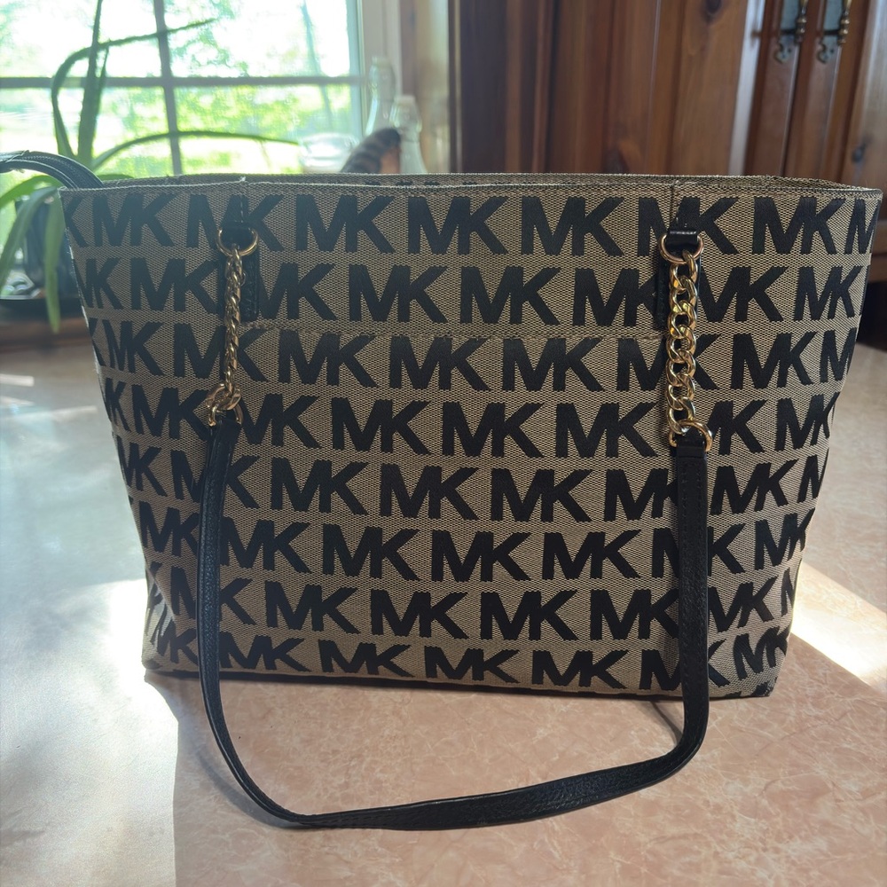 Michael Kors Signature Black and Tan Shoulder Tote